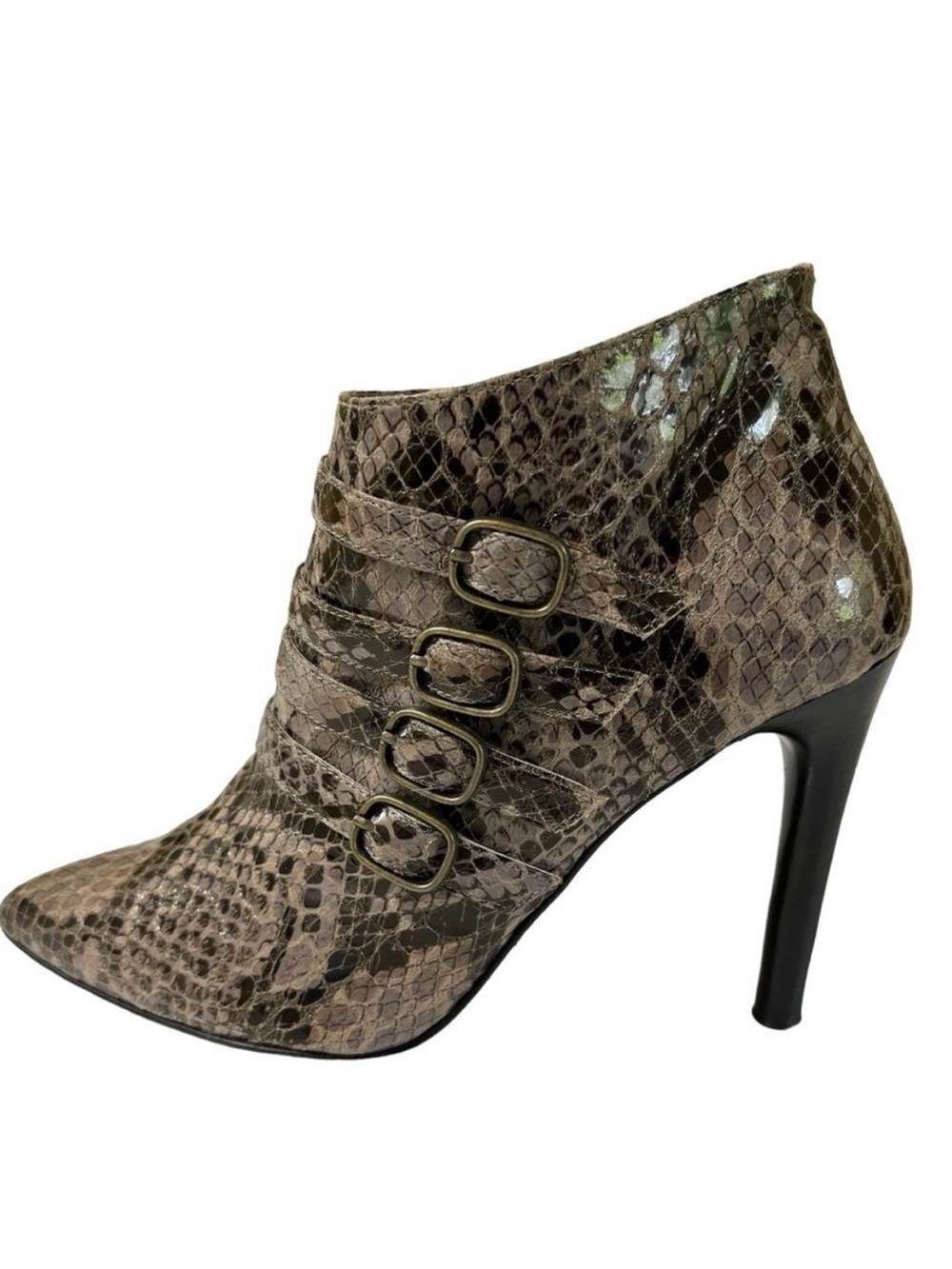 Classiques Entier Snakeskin Booties Gray Stiletto Heeled Buckle Strap Shoe Boots
